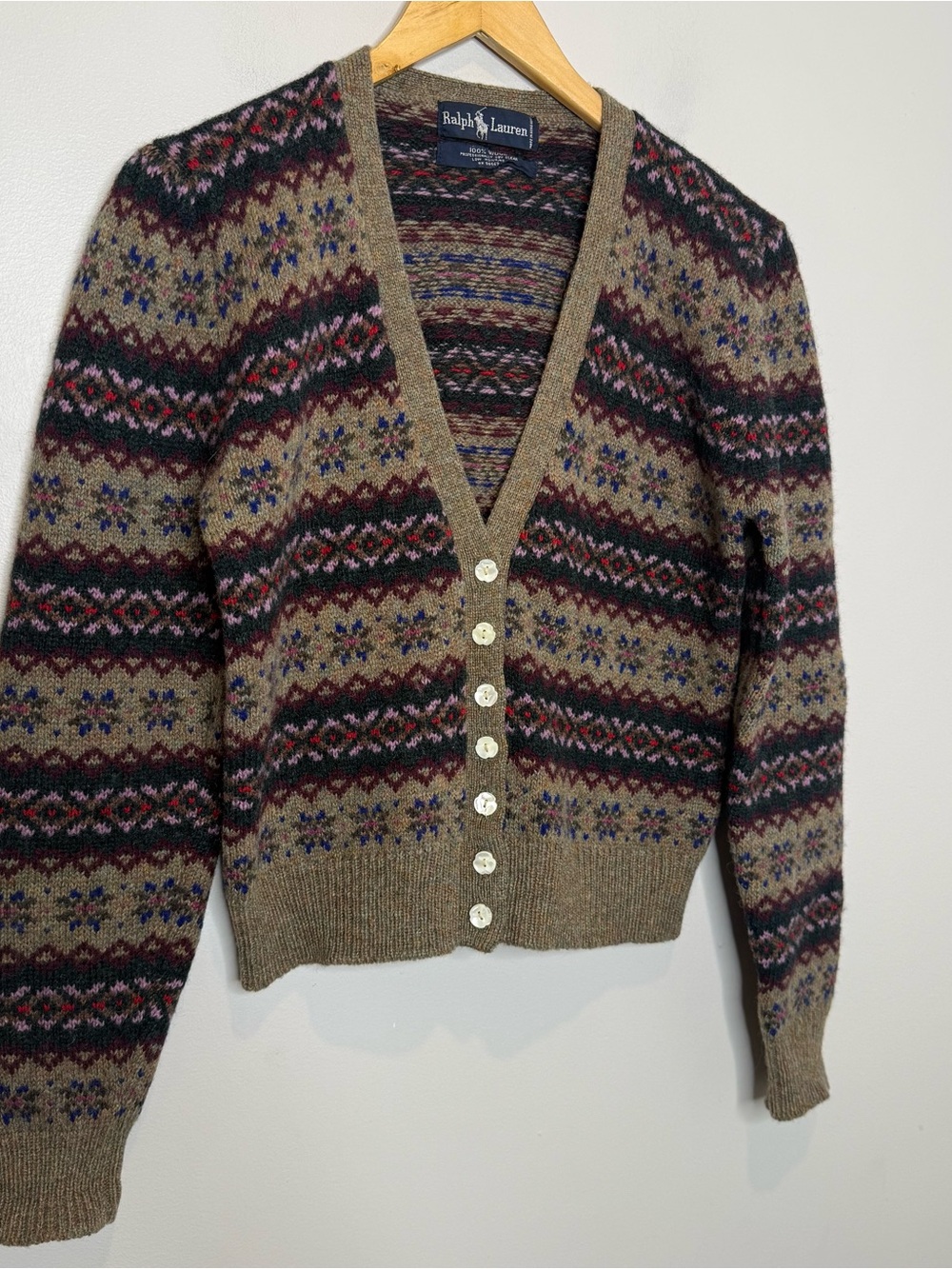 Ralph Lauren Vintage 80s Fair Isle Wool V-Neck Cardigan Pattern Sweater No Size - Picture 3 of 9